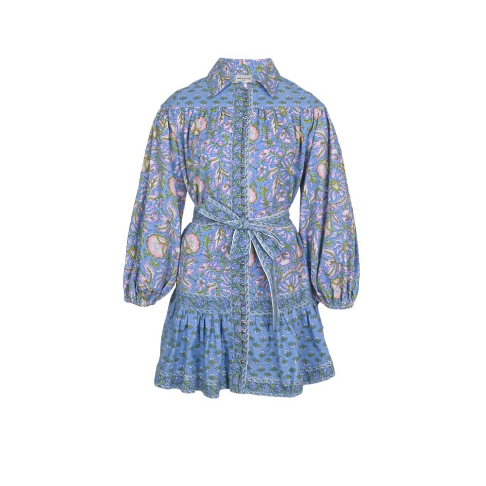 Miss June Lorena Shirt Dress Mini Womens OS S M Blue Long Sleeve Cotton Floral